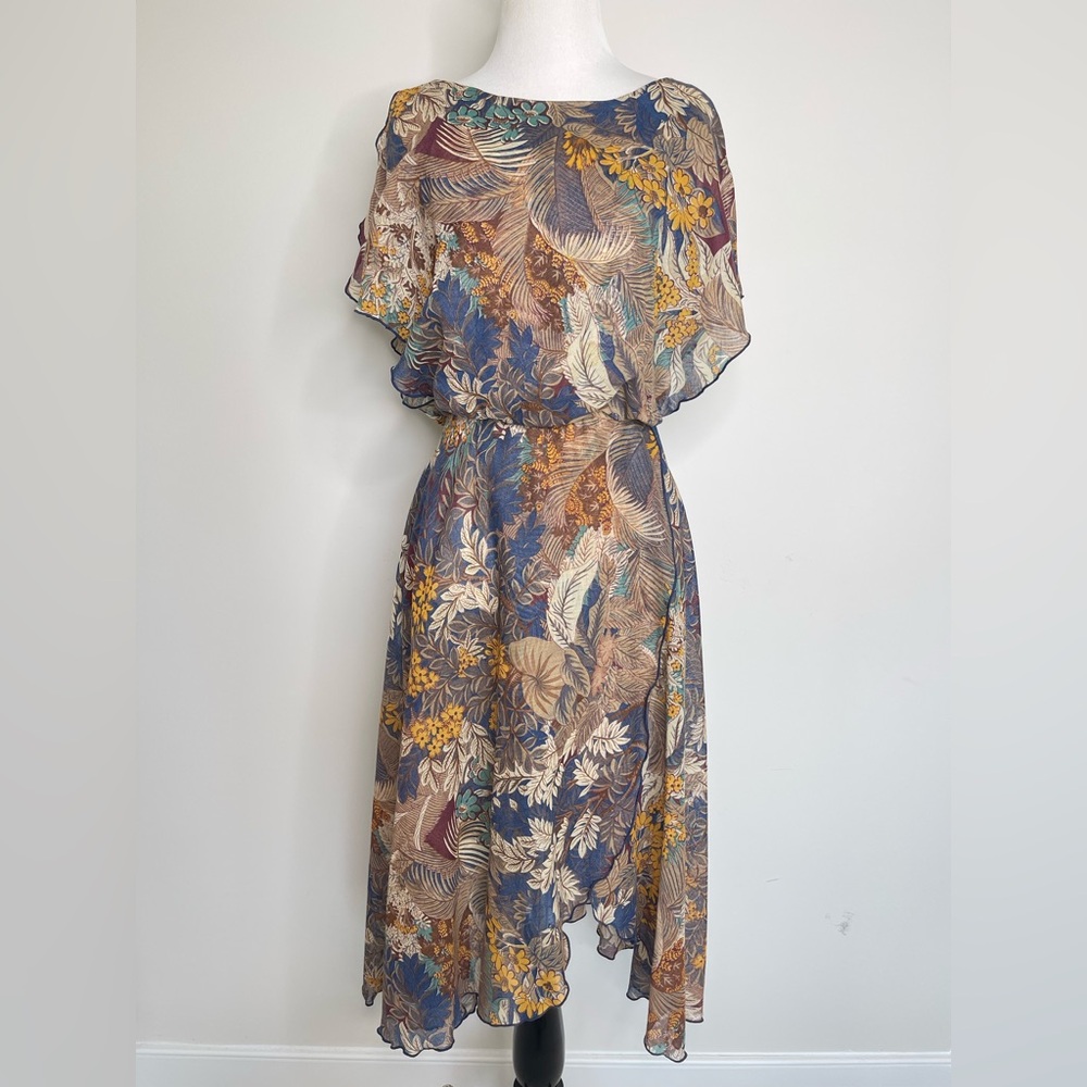 Vintage 1970s Samuel Blue Floral Foliage Print Fluttery Flowy Ruffled Midi Dress